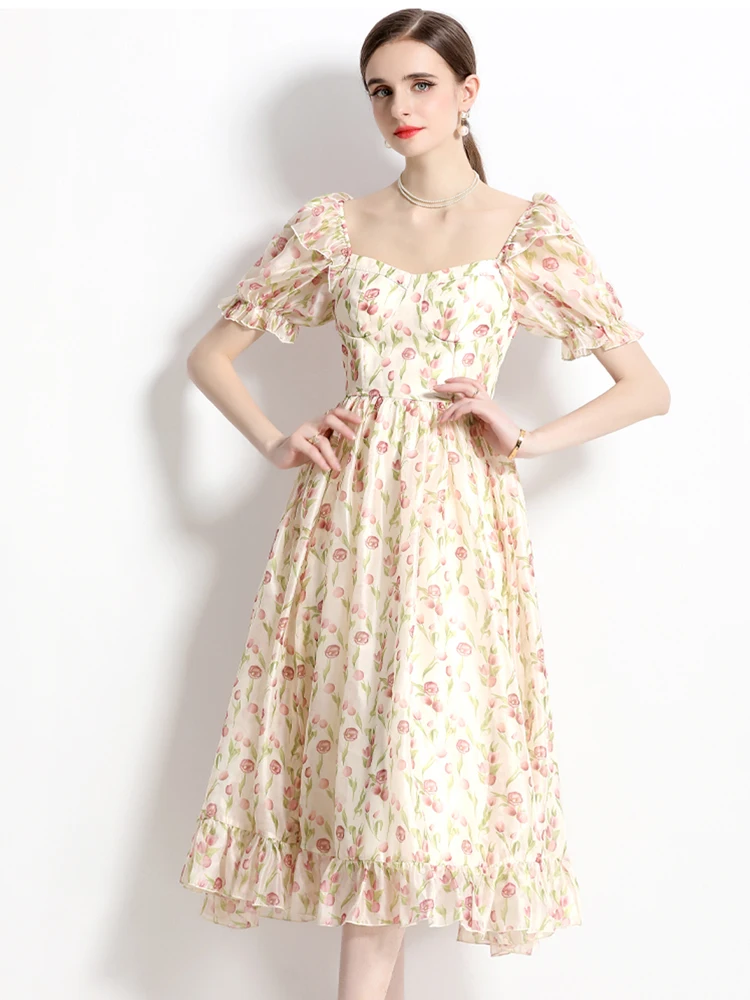 

Runway Fashion Women Flower Print Princess Party Dress Female Elegant Ruffles Short Sleeve High Waist Party Holiday Vestidos