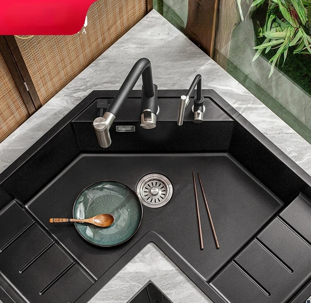 Mutfak kuvars taş köşe lavabo köşe yıkama havzası l-şekilli büyük tek  lavabo boşaltma seti - AliExpress