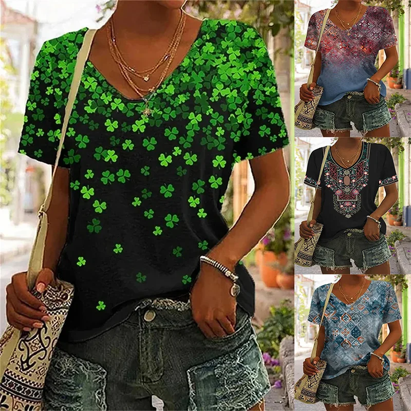 

Summer Women's Top Geometric Flower Printing Short-Sleeved V-Neck Casual T-Shirt Women Female Fashion Shirts Lady Clothing