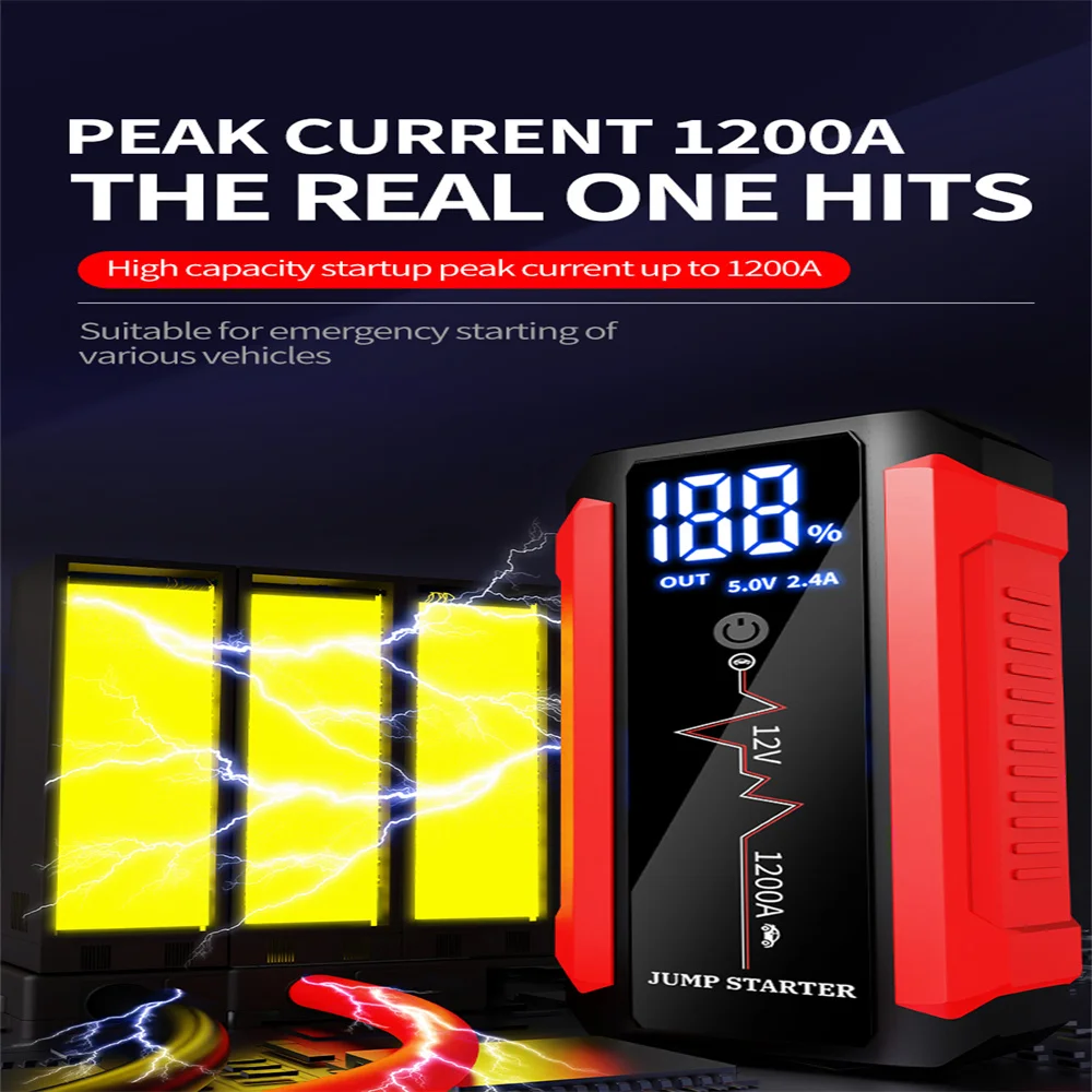차량용 배터리 점프 스타터, 보조배터리 휴대용 USB 고속 충전기, LED 램프 포함, 12V 비상 부스터, 30000mAh, 1200A