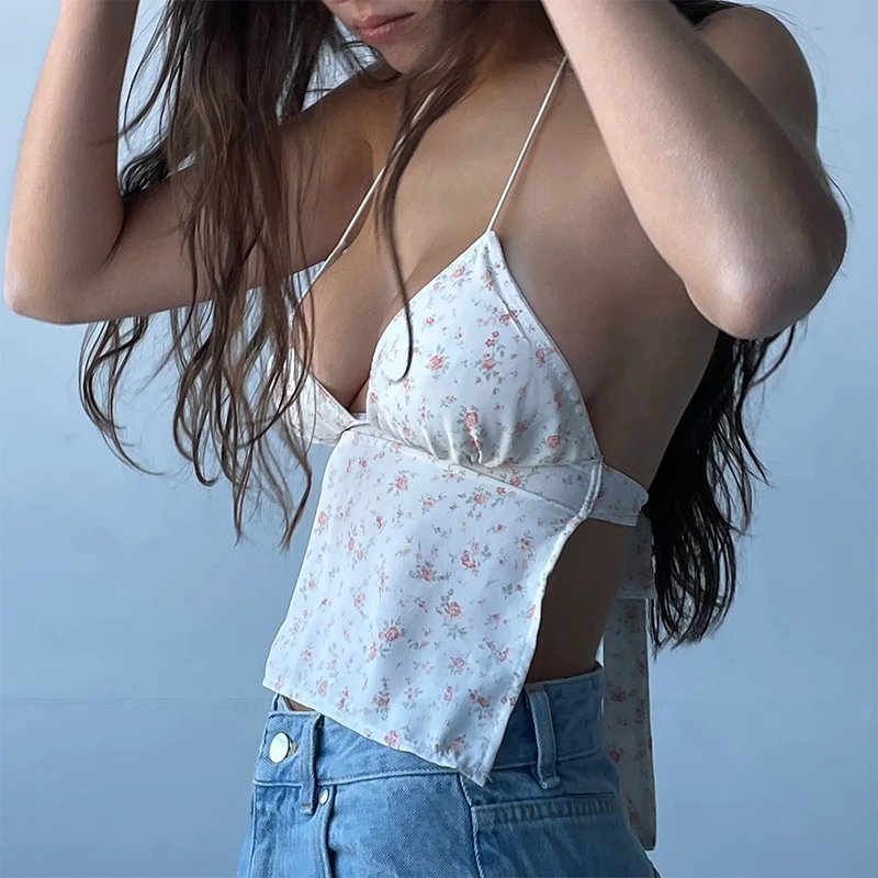 

Chic Floral Print V Neck Halter Tops Sexy Backless Tie Up Camisole Fairycore Y2K Vintage Grunge Chest Wrap Crop Tops Mini Vest