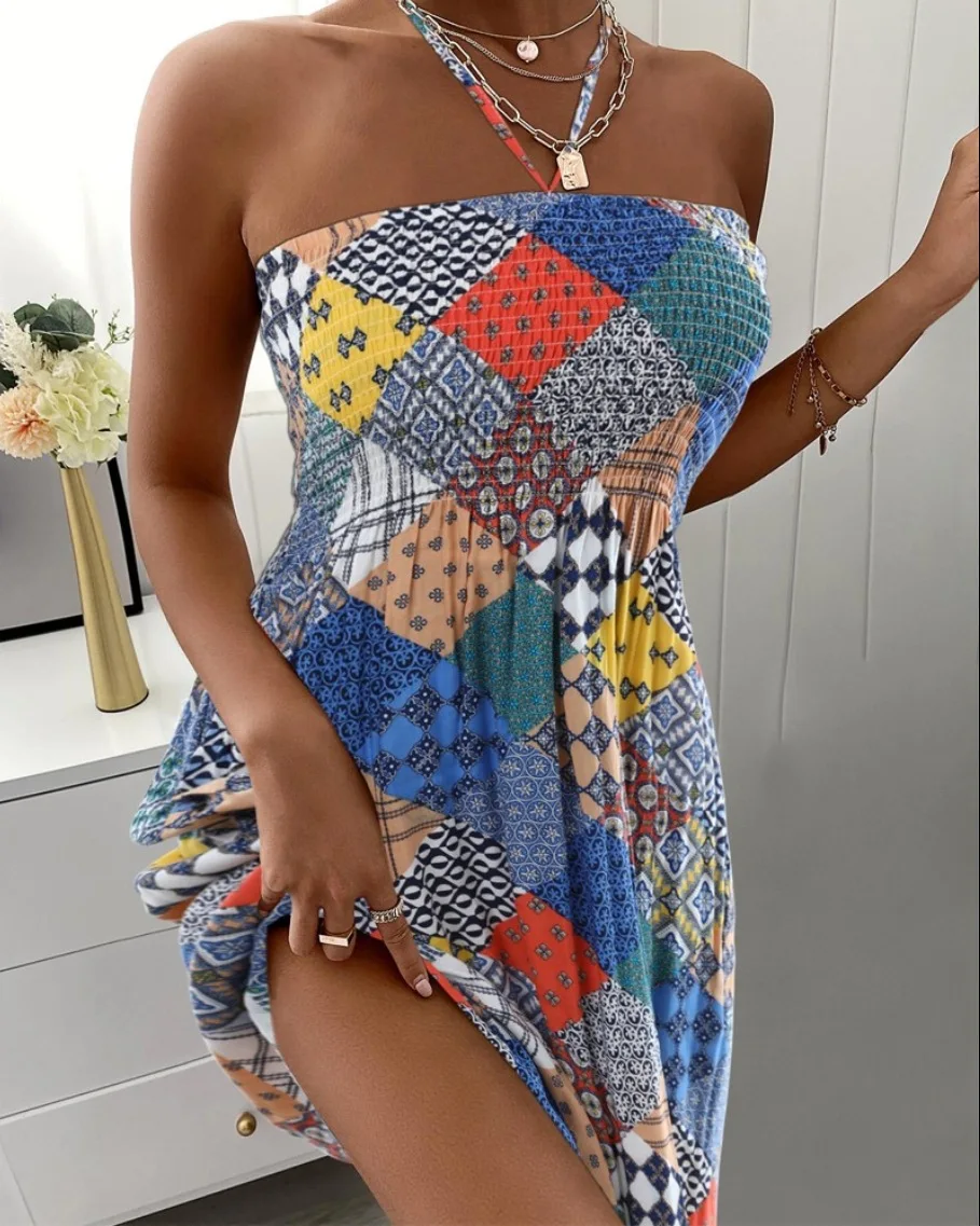 

Summer Chiffon Dress Women Sexy Floral Print Holiday Beach Sundress Casual Halter A-line Short Dresses 2024