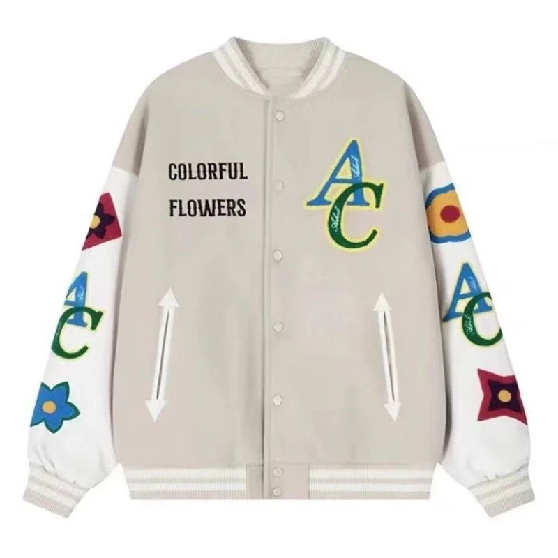 [GRAVER]★24FW★FLOWER DOT EMBROIDERY BASEBALL JACKET UNISEX] Flower Dot Embroidery Stadium Varsity Jacket