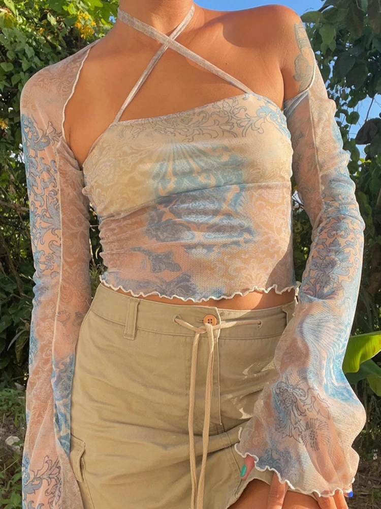 

Y2k Fairycore Sexy Crop Top 2 Piece Set Women T Shirts Blue Print Mesh Sheer Long Sleeve Tees Retro Aesthetic P85-BI13