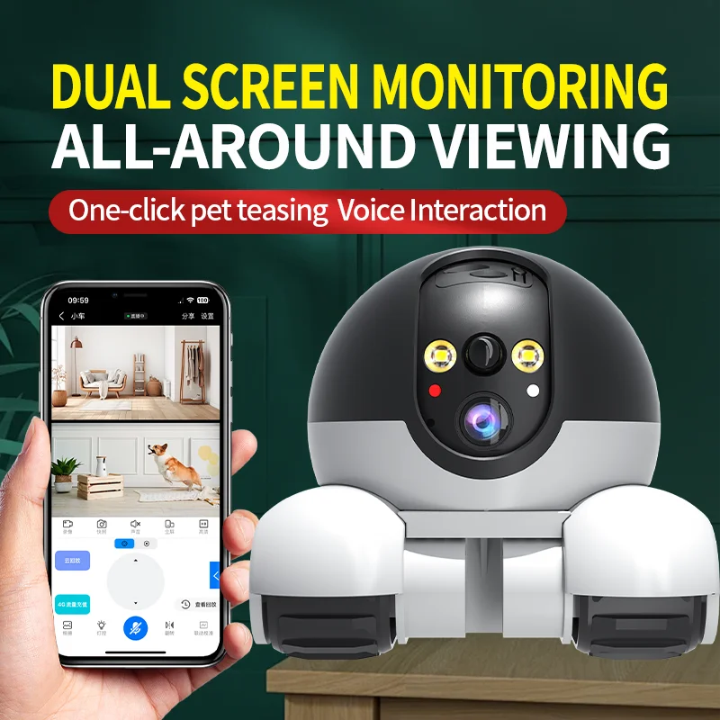 Dual Lens Robot Camera Dual Screen Monitoring All-Around Viewing Long Battery Life Monitor Mobile Walking Camera Home