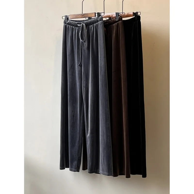 

2023 Autumn New Velvet Wide Leg Pants Women High Waist Drawstring Loose Casual Solid Long Trousers