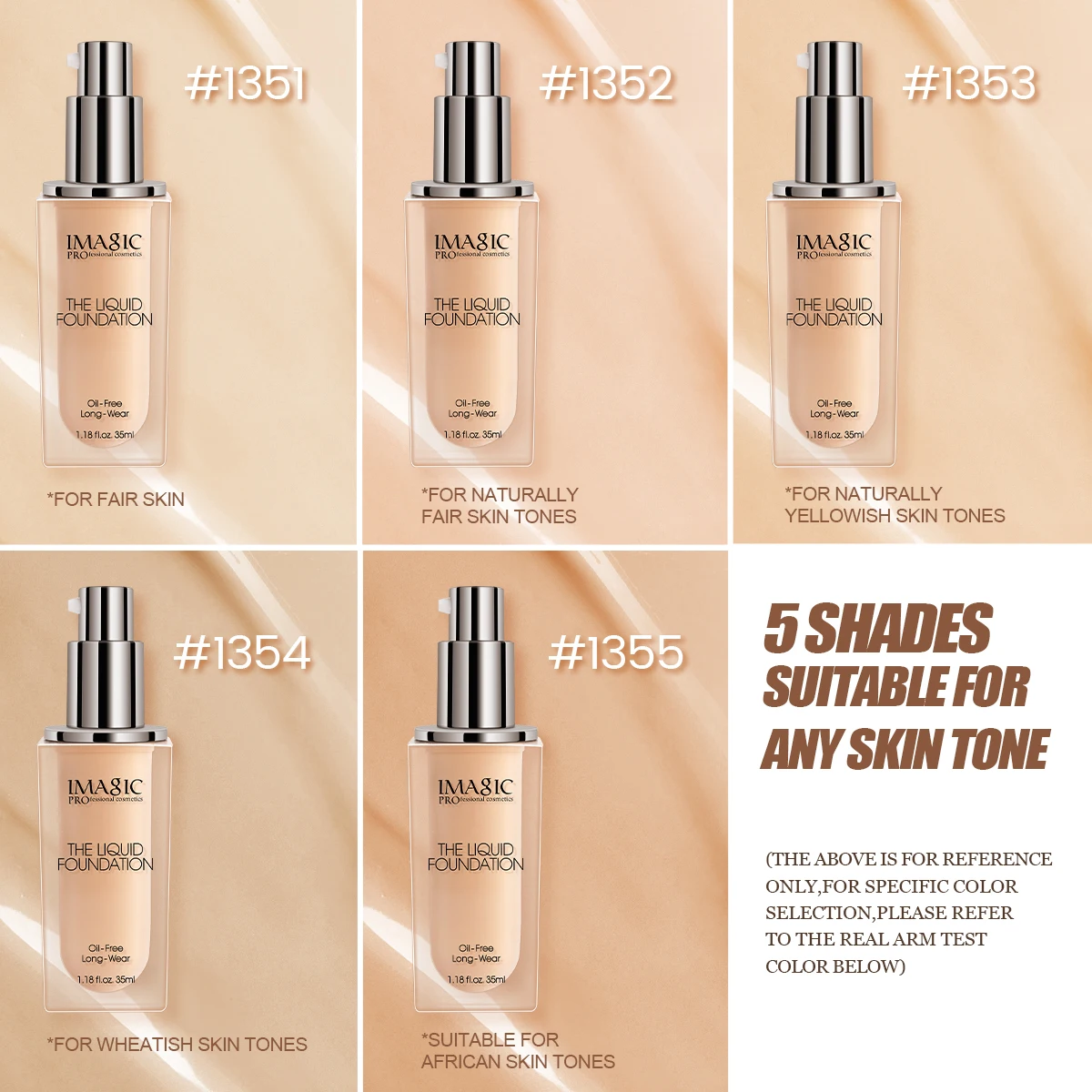IMAGIC 5-Color Face Liquid Foundation Base Full Coverage Oil-Control Long Wear Smooth Lightweight Natural Cover Waterproof Matte