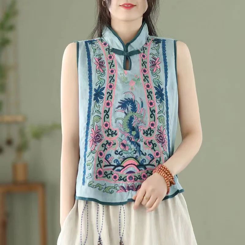 Retro Embroidery Cotton Linen Chinese Traditional Women's Vest Chinese Style Pullover Ladies Summer Exquisite Stand Collar Top Women Chinese Shirt Women Cheongsam Waistcoat