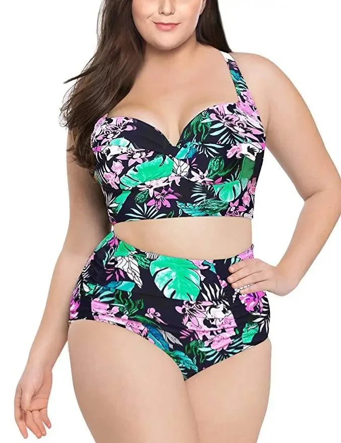 Plus Size Bikini Swimsuit Floral Print High Waist Two-Piece Pure Color Swimwear for plus Size Women Chinese Brand AE Stock