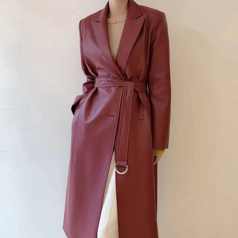 

Fashion Chic Autumn Winter Wine Red Pu Leather Trench Coat High Quality For Women Notched Double-Breasted Lace Up Belt Outerwear