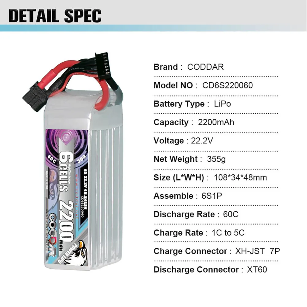 CODDAR 6S 22.2V 2200MAH 60C For RC Airplane Car FPV Helicopter Drone Quadcopter RC Boat Truck Tank Drone Battery 2