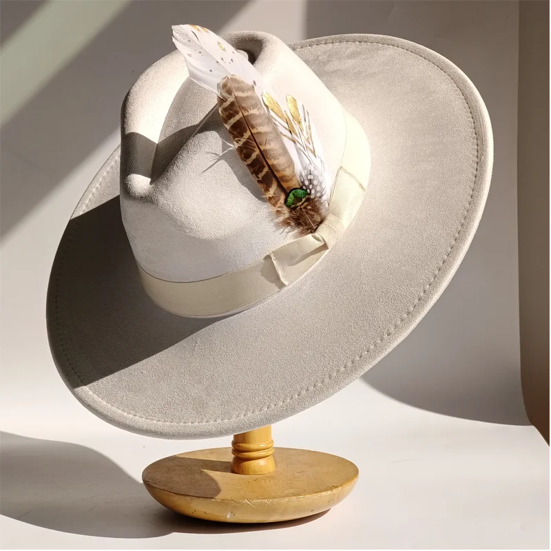 Lila Federn Wildleder Zylinder 9,5 cm breite Krempe Fedora Hut Männer Frauen Herbst Winter Filz Jazz Hüte klassische Kirche Fedoras Sombrero – Detail 26