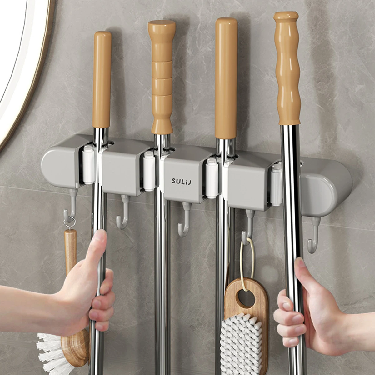 1/2/3PCS Broom Mop Holder with Hooks Wall Mounted Broom