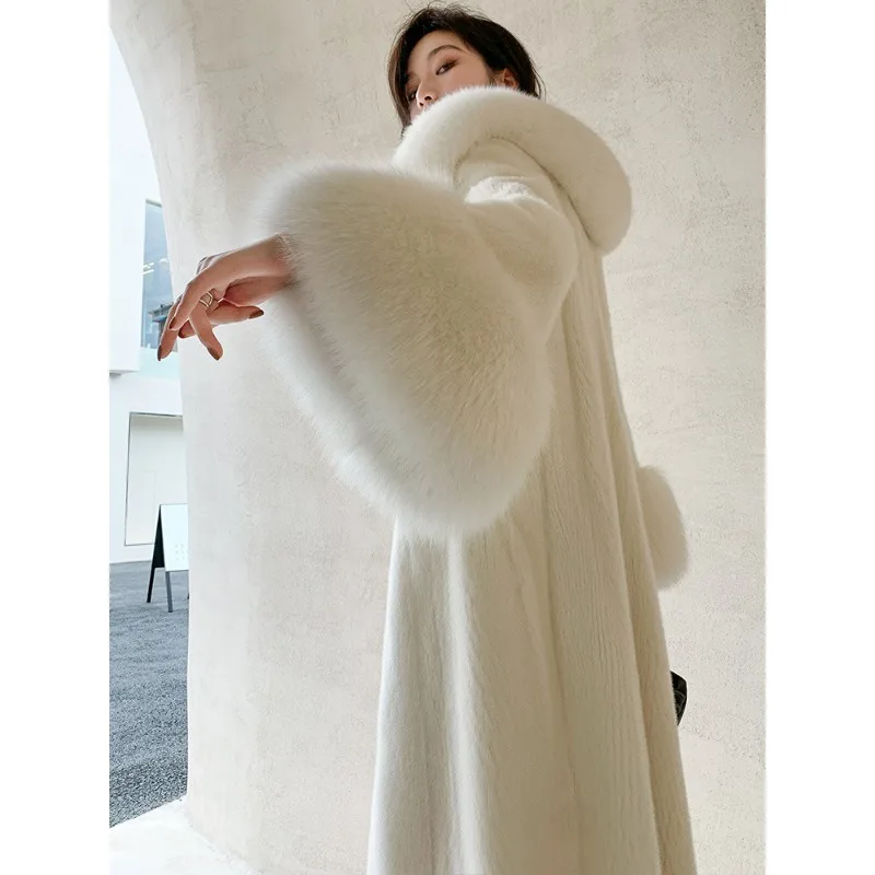2023 New Women Faux Fox Fur Collar Fur Coat Fashion Long Imitation Marten Overcoat Female Winter Loose Large Size 6XL Warm Parka