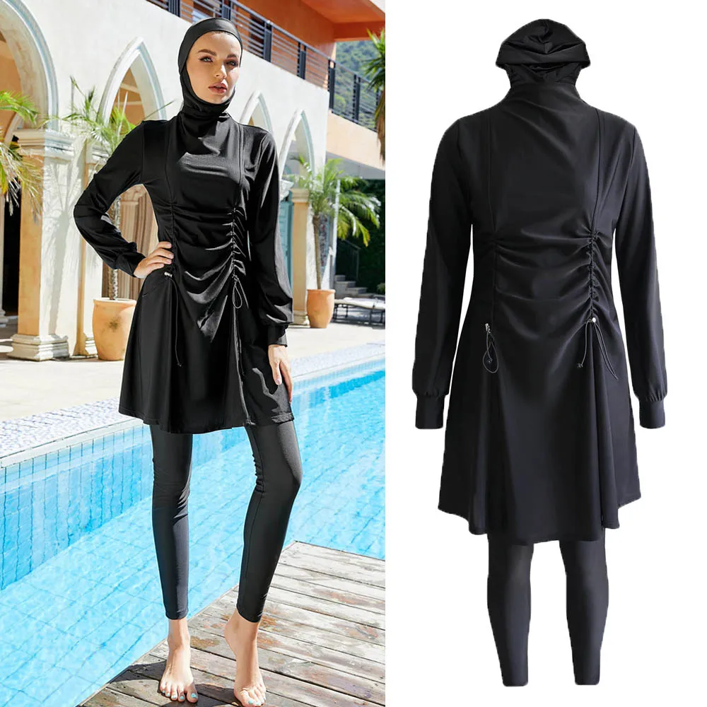 Modest Full Cover Costumi Da Bagno Musulmani Donne Burkinis Set Arabo Islamico Beachwear Costume Da Bagno 3 Pezzi Vestito Estivo Nero Costumi Da Bagno