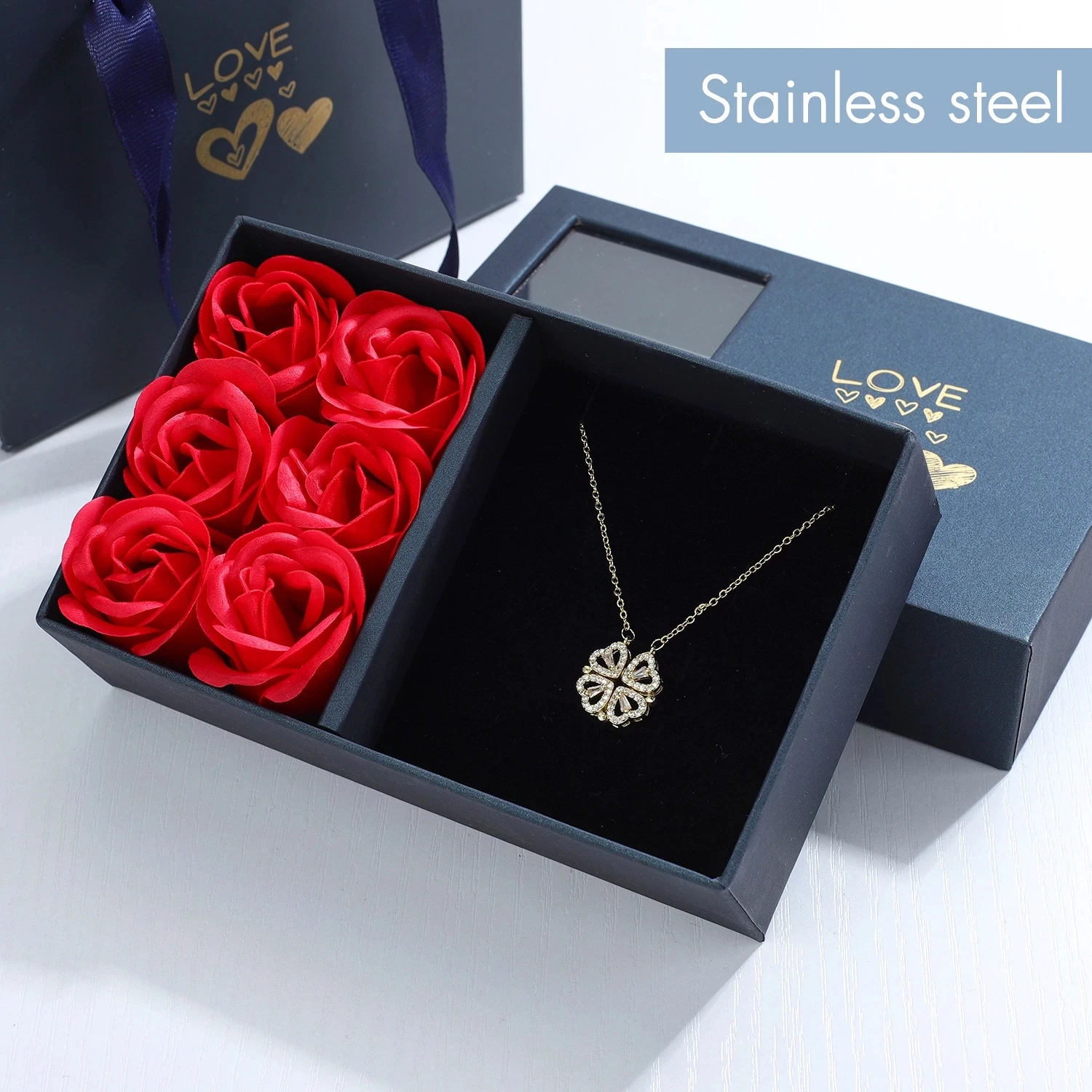 Fashion Four Leaf Gras Necklace Heart Necklace Cute Four Leaf Clover Necklace Dainty Gold Necklaces Rose Gift Box For Girlfriend