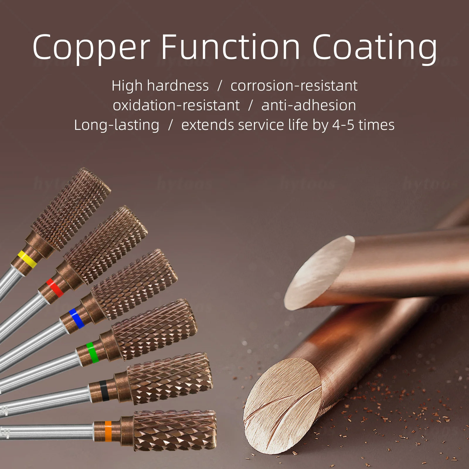 HYTOOS 구리 코팅 방진 배럴 네일 드릴 비트 프로 전동 카바이드 매니큐어 비트 아크릴 네일 젤 제거 도구