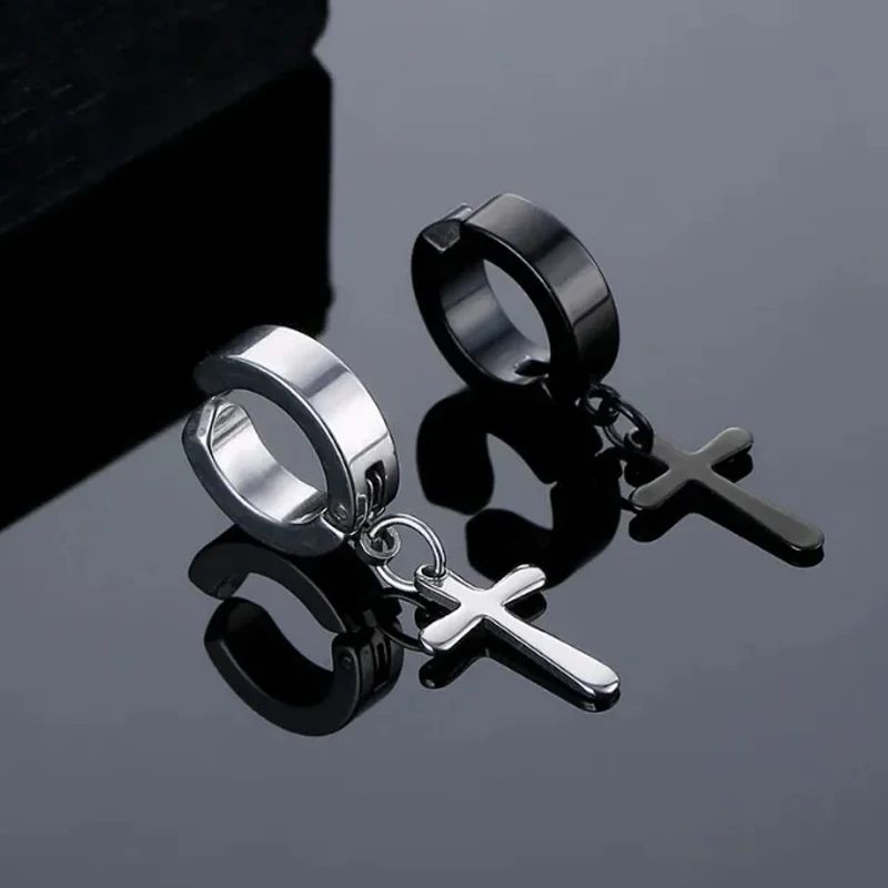 Stainless Steel Clip On Earrings 2 Pcs For Women Men Black Gold Color Cross Gothic Punk Rock Drop Pendiente Non Piercing Jewelry ear clip earrings clip earrings ear clip