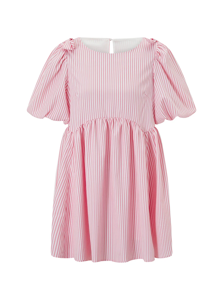 

Women Puff Sleeve Dress with Bow Striped Flowy A Line Short Dress Cute Baby Doll Dress for Teen Girls