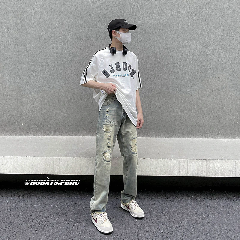 CUMUKKIYP Ripped Jeans Men Y2k Baggy Streetwear Straight Fashionable Wide Leg Denim Pants Washed Vintage Light Blue