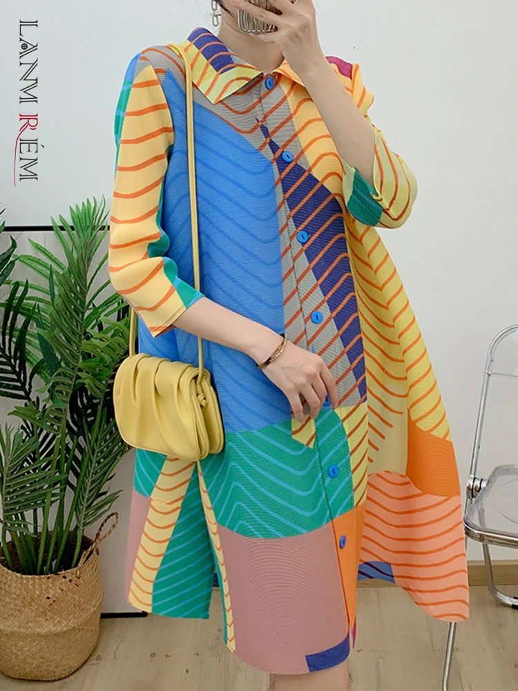 

Платье женское Плиссированное однобортное с отложным воротником и длинным рукавом