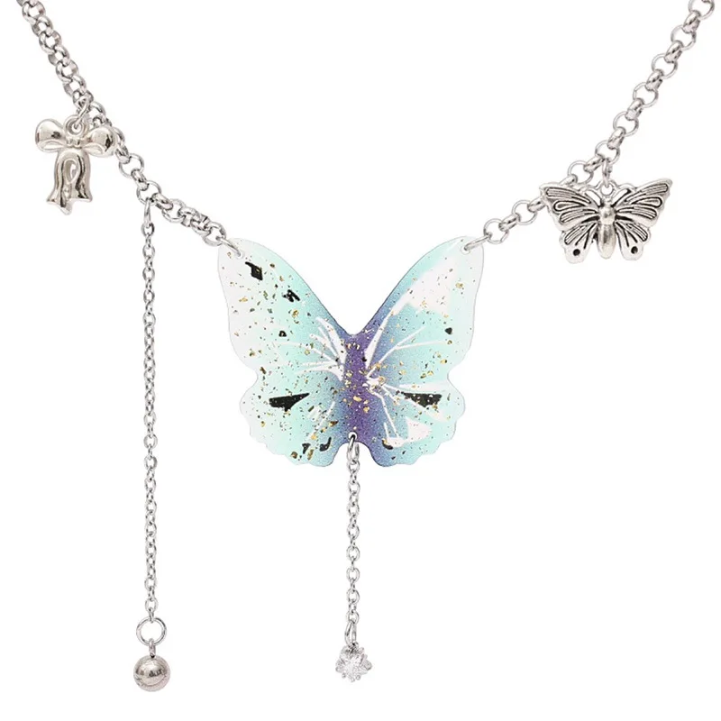 Y2K Butterfly Pendant Necklace Sweet Cool Goth Crystal TasselChain Choker for Women Punk Fashion Jewelry Gift Accessory 2024 Hot
