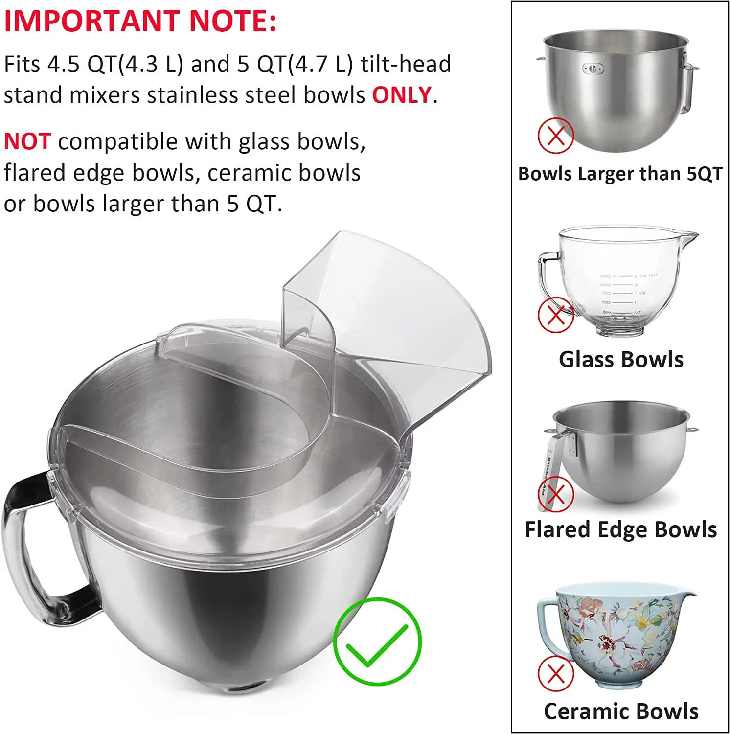 Kitchen Splash Guard Dishwasher Safe KN1PS Dumping Cover 4.5-5 quarts KN1PS Dumping Shield Bracket Mixer Compatible Pouring Shield For KitchenAid