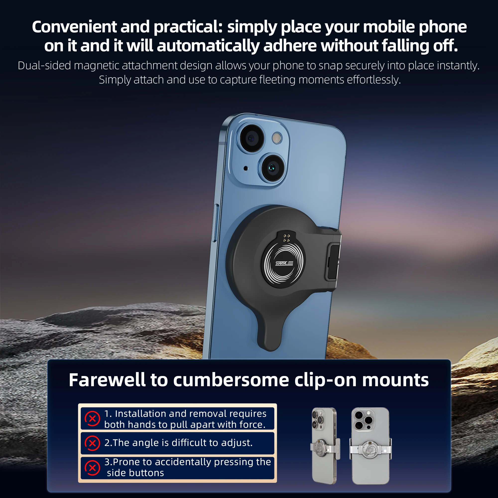 Smartphone attaché au support magnétique, démonstration du suivi IA en action.