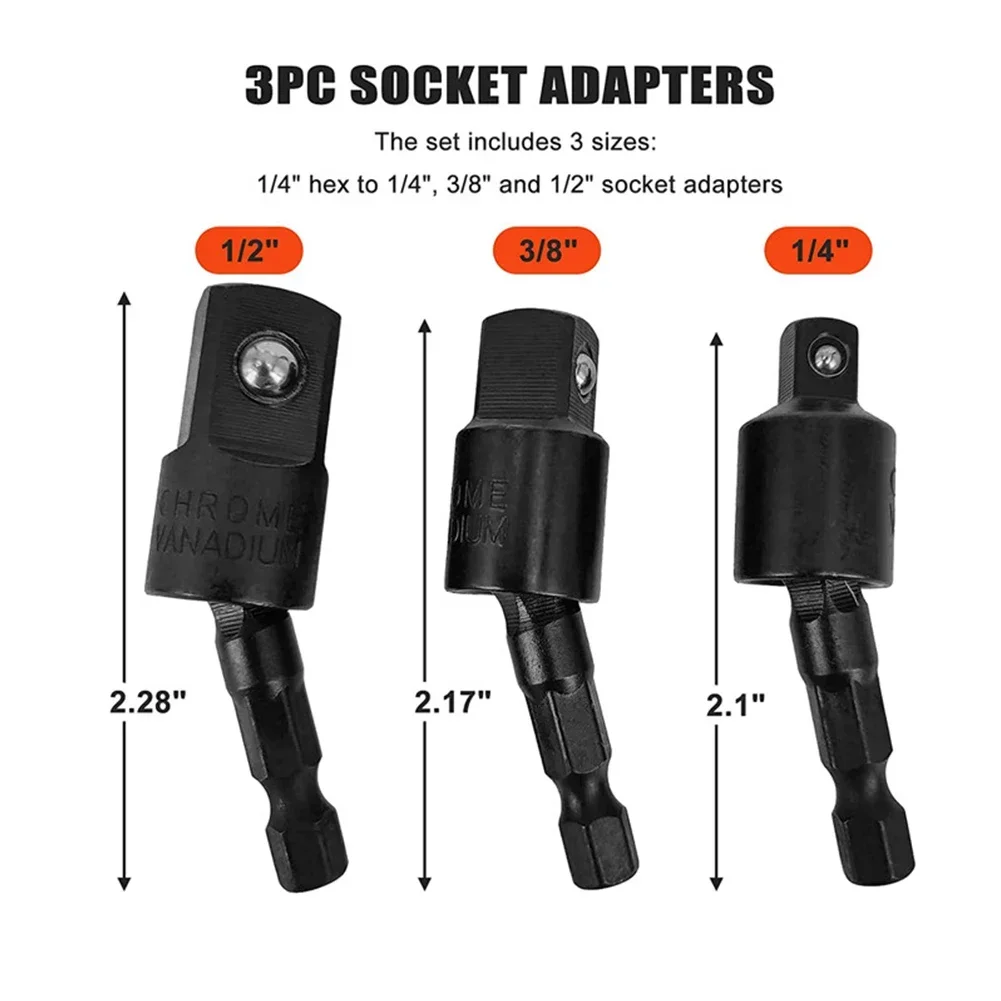 3 PCS Electric Drill Socket Adapter 360° Rotatable 1/4 3/8 1/2inch Hex Shank Drill Bits Extension For Impact Driver Power Tools 6