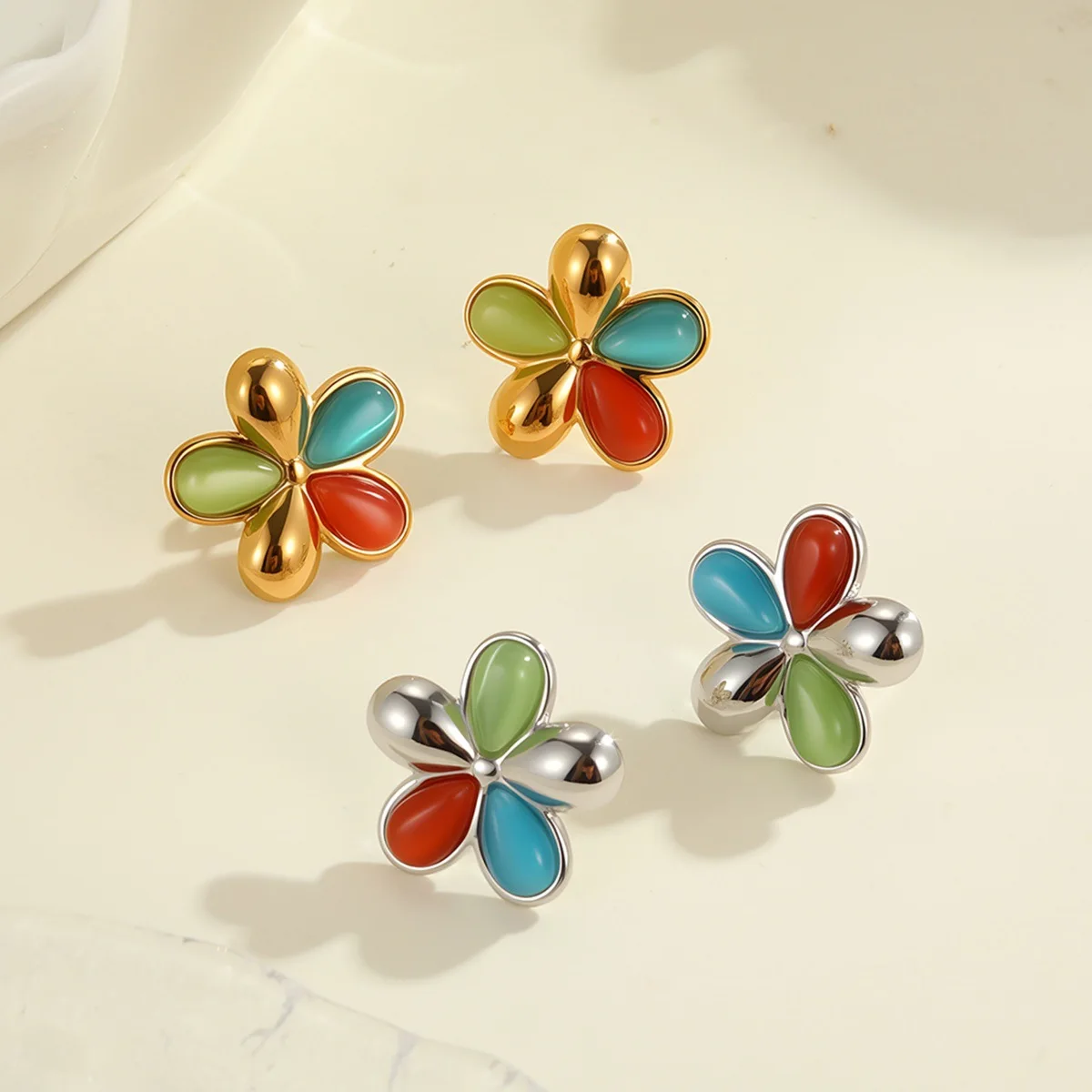 Trending Waterproof Multi-color Cats-eye Opal Ear Stud Cute Sweet Small Flower Earrings for Women Girls Stainless Steel Jewelry