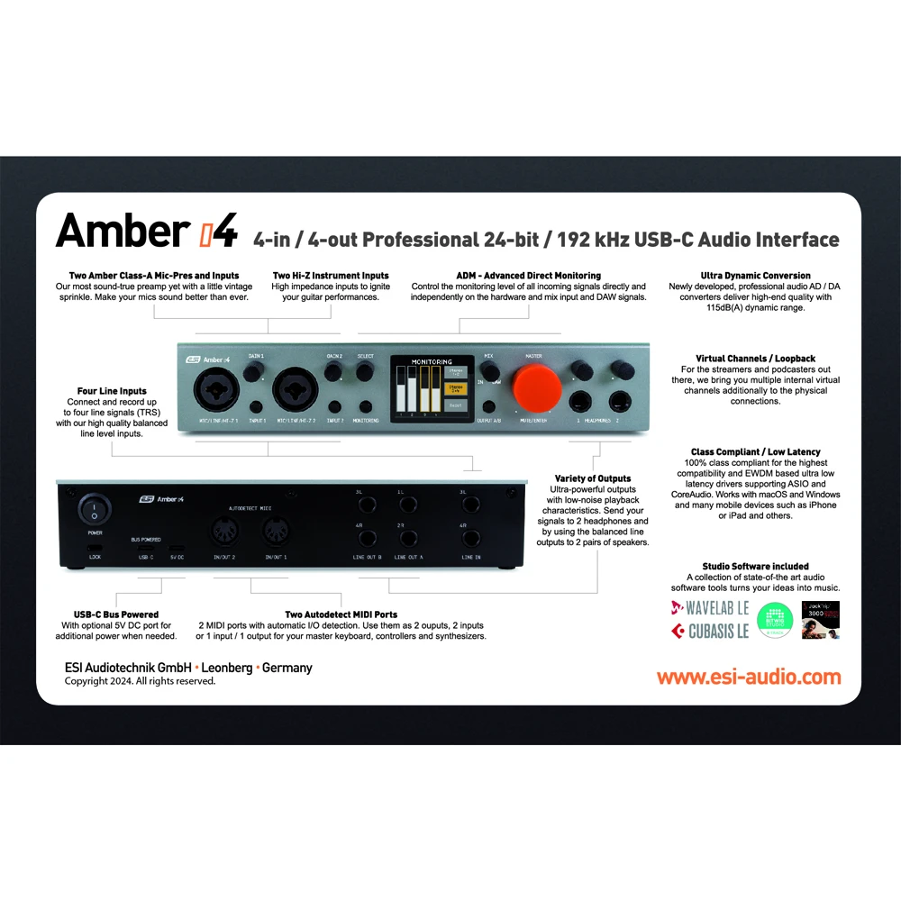 ESI Amber i4 Professional 24비트/192kHz 4입력/4출력 USB-C 오디오 인터페이스 (프로듀서, 스튜디오, 홈 뮤지션, 밴드, 콘텐츠 제작자용)