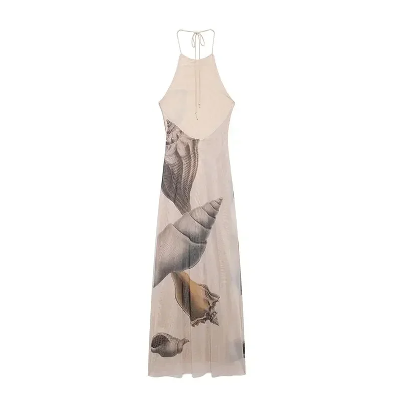 Vestidos largos de tul con espalda descubierta y estampados para mujer, vestidos de fiesta sin mangas con cuello halter y cordones, moda 2025, batas ajustadas para vacaciones en la playa.