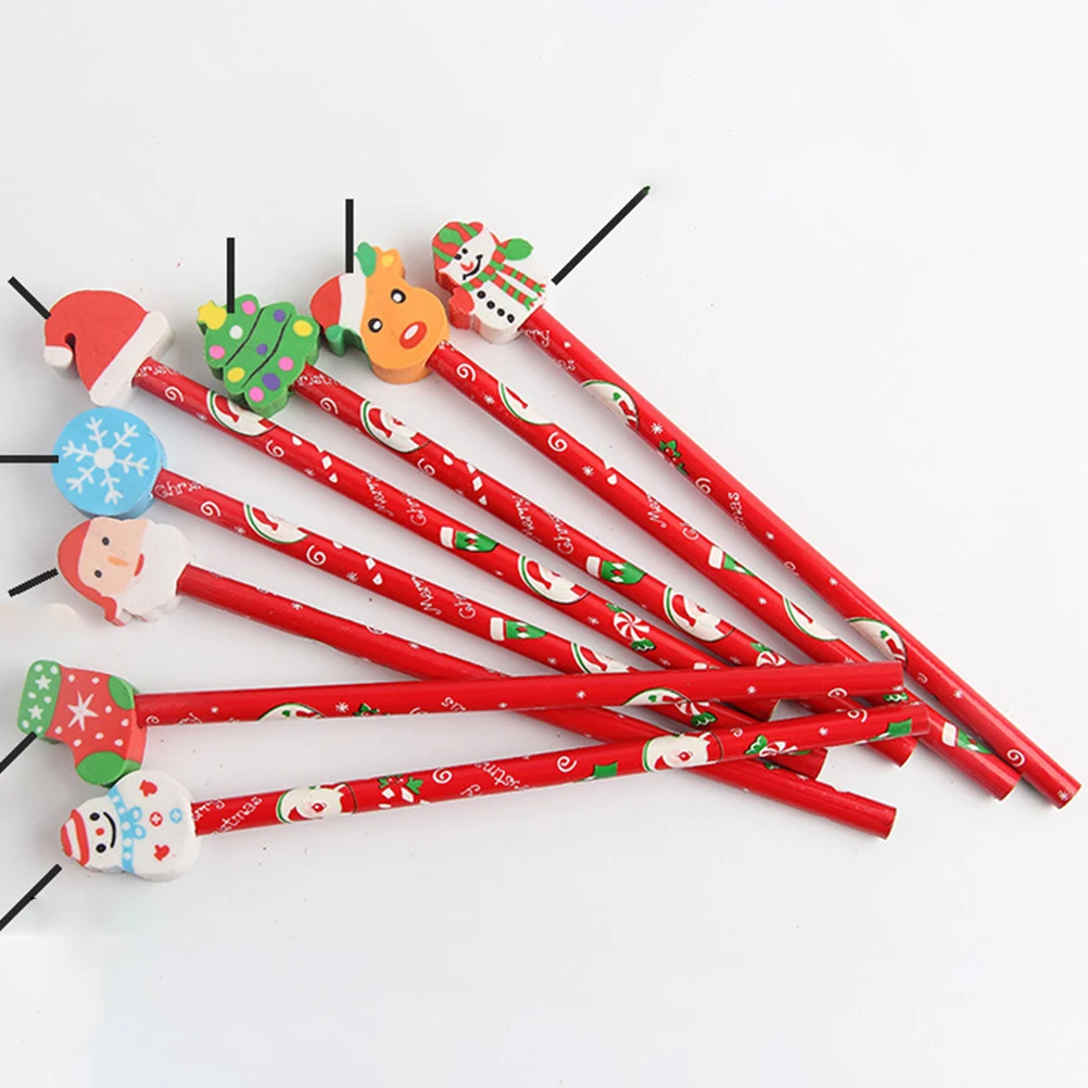 12Pcs Christmas Pencil with Eraser Students Pencils With Rubber Erasers Cartoon Pencils Christmas Gift Office School Stationery