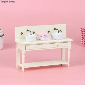 New 1Set 1:12 Dollhouse Miniature Wooden Bathroom Sink with Towels Mini Furniture Bathroom Cabinet Toilet Cabinet