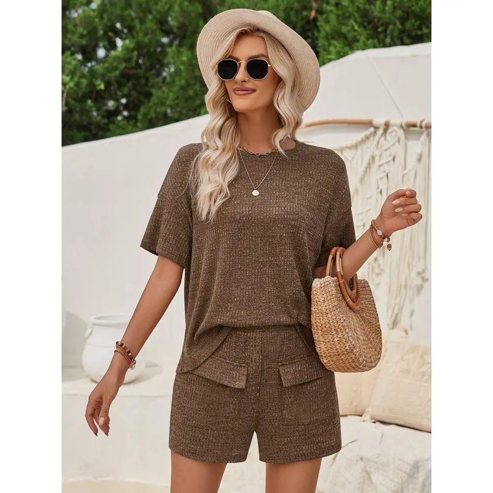 Women 2 Piece Lounge Sets Summer Casual Short Sleeve Round Neck Ribbed Top Matching Shorts With Pockets