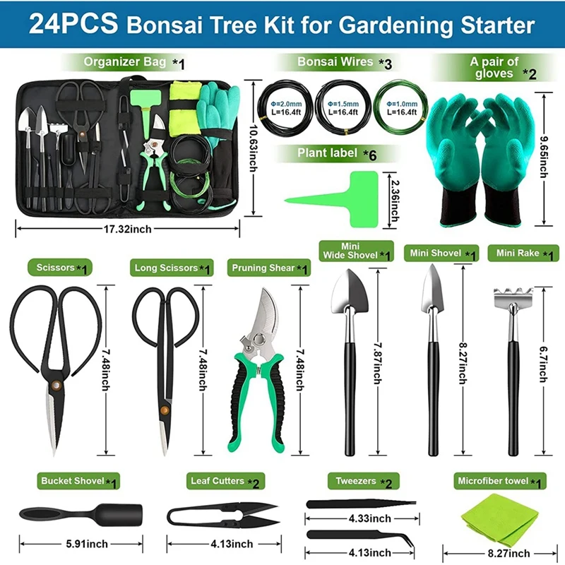 24-Piece Bonsai Tool Kit Accessories Bonsai Shape Maintenance, Gardening Bonsai Beginner Pruning Care Kit Pruning Shears 6