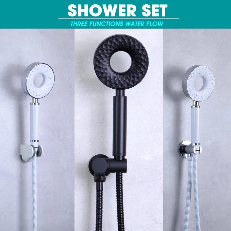 White Hand Shower Large Rainfall Hand Held High Pressure Shower Head Set ABS Holder with 1.5m Hose Accessories Black