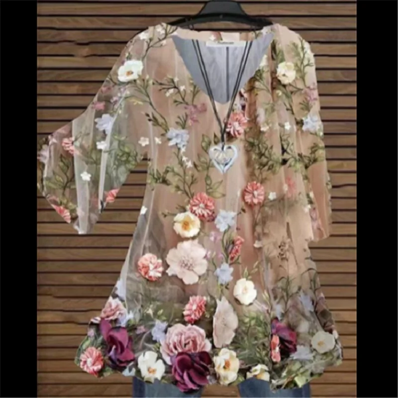 

Loose Swing Dress Elegant Dresses Vestidos De Mujer Oversize Printed Shirts Women Harajuku Dress 3/4 Flared Sleeve V-Neck Top