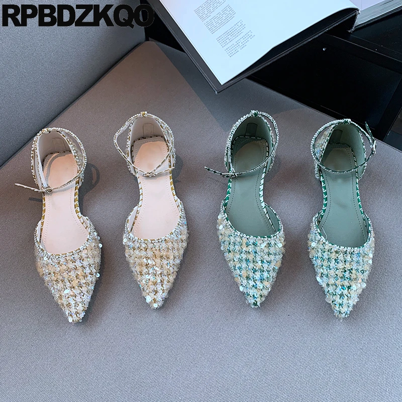 

Sparkling Sequin Sandals Paillette Plaid Diamond Shoes Ankle Strap Houndstooth Rhinestone Pointy Toe Flats Bling Crystal Women