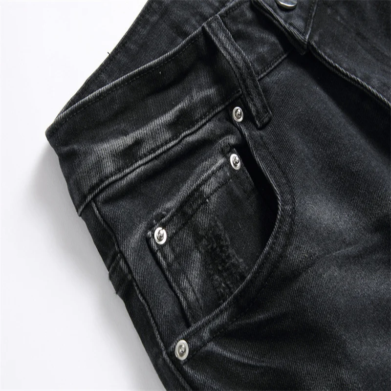 Men's Retro Black Jeans Ripped Holes Trendy Stretch Slim Fit Fashionable Pants Versatile men's pants ripped jeans ripped patchwork jeans