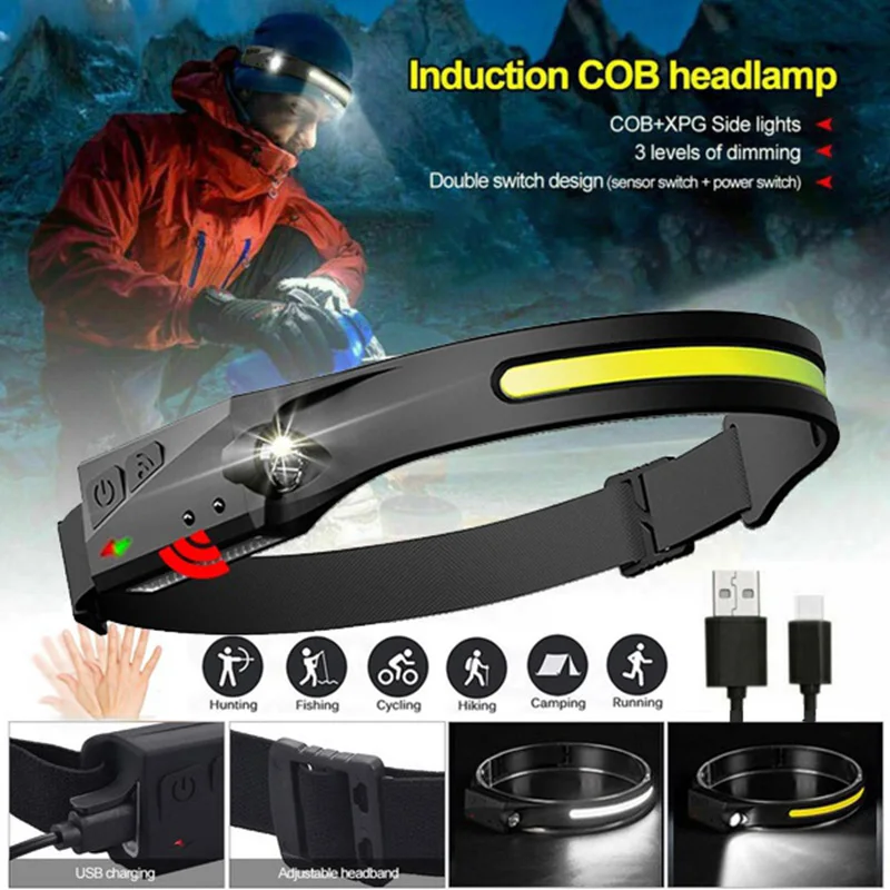 

COB LED Head Lamp Flashlight Induction Headlight USB Rechargeable Bright Head Torch Work Lights For Night Hiking Camping Fishing