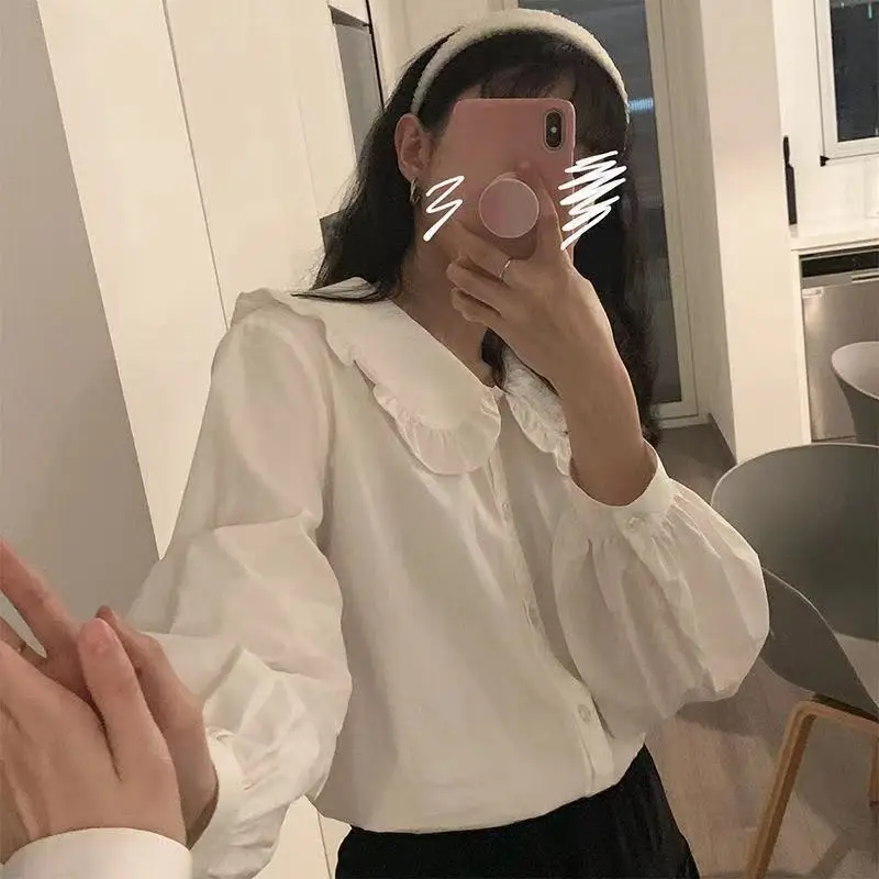 

Peter Pan Collar Blouse Women solid color White Shirt Long Sleeve Sweet Preppy Kawaii Basic Tops Korean Japanese Fashion blusas