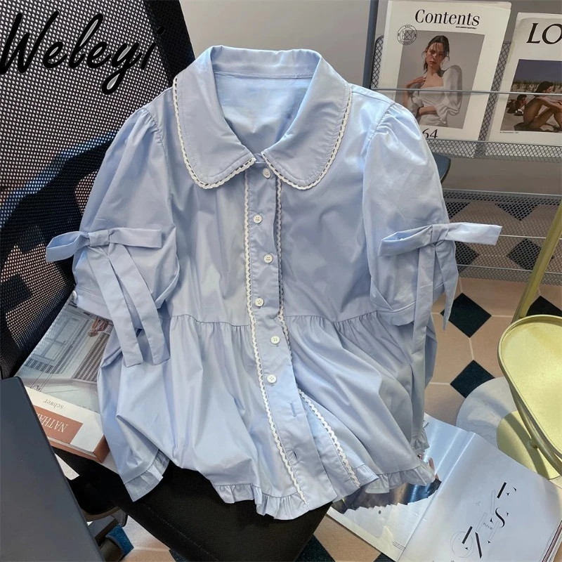 

Милая рубашка с бантом в Корейском стиле, женская одежда 2024, летние универсальные свободные топы с коротким рукавом и воротником «Питер Пэн»