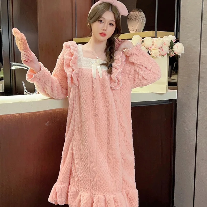 Nightdress Women Flannel Fleece Warm Korean Style Nightgown Winter Thicken Nightwear Loose Home Dressing Gown Sleepwear Pajamas