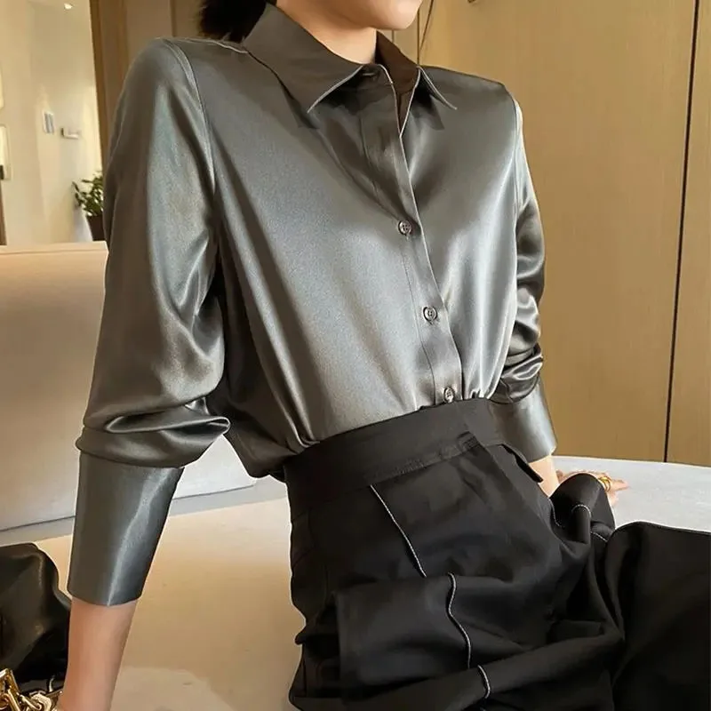 

Korean Satin Casual Shirts Women Y2K Loose Turndown Collar Fake Silk Solid Tops Spring Fashion Office Lady All Match Blouse New