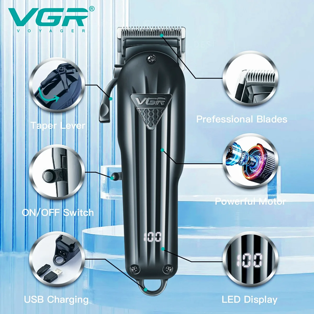 VGR Professional Hair Clipper Hair Cutting Machine Adjustable Haircut Cordless Barber Rechargeable Trimmer Men LED Display V-282_voghion.com