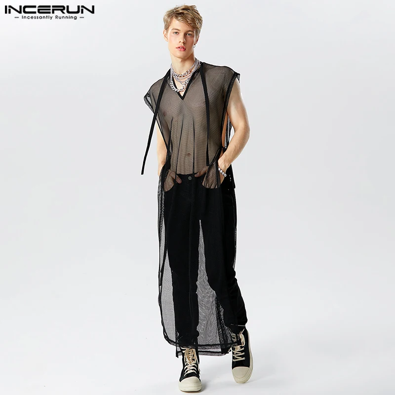 

Party Shows Style Tops INCERUN Men's Sexy See-through Mesh Long-style Tank Tops Casual V-neck Strap Sleeveless Thin Vests S-5XL