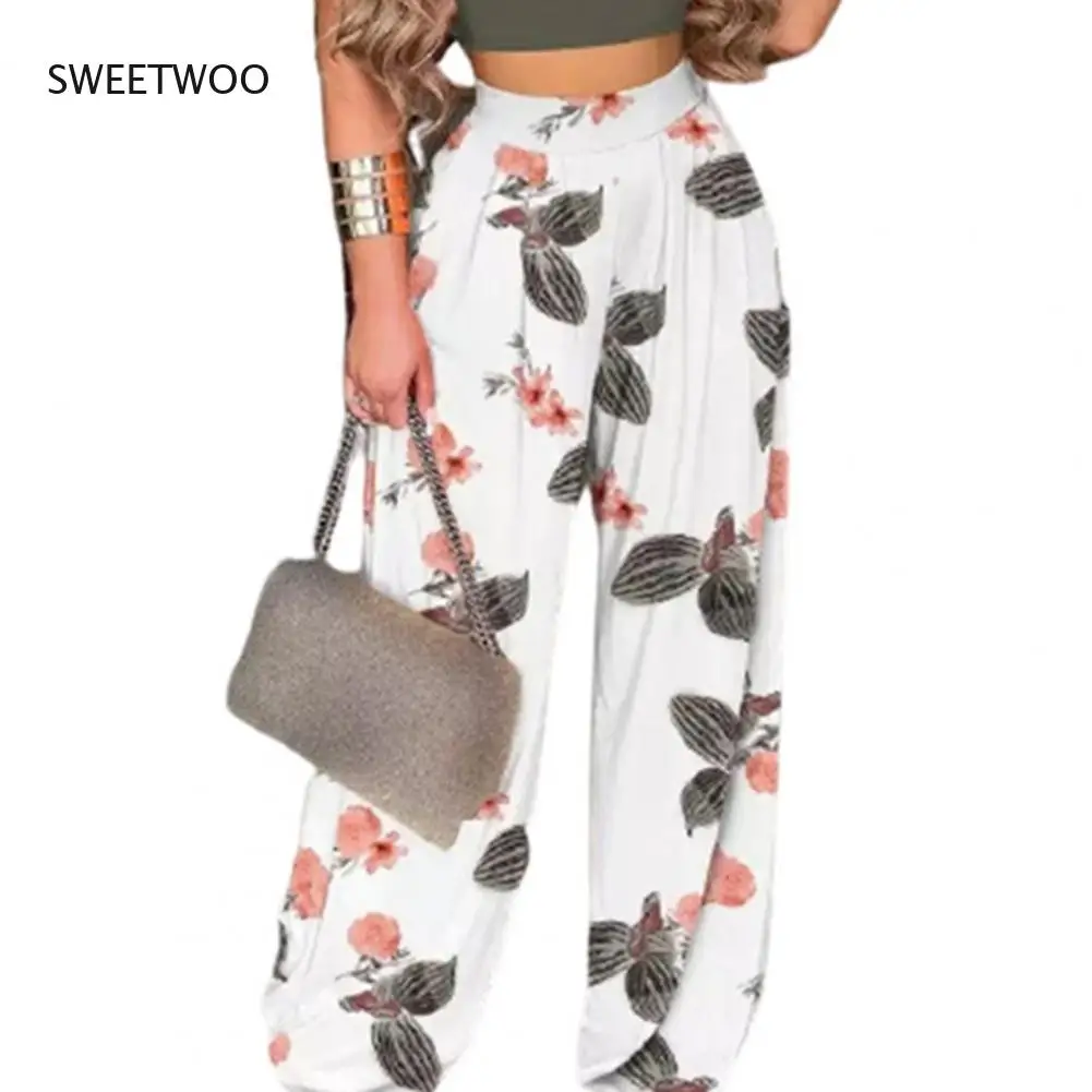 

Casual Women Pants Flower Print Straight Leg Summer Autumn Loose Elastic Waist sport Pants for Sports Street wear White xxxl