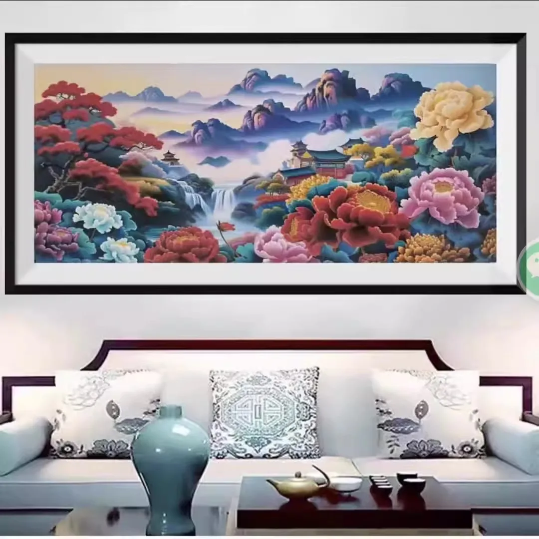 

9ct 230x100cm Waterfall Peony Embroidery DIY Chinese Style Printed Kits Cross Stitch Needlework Set Home Decor Crafts