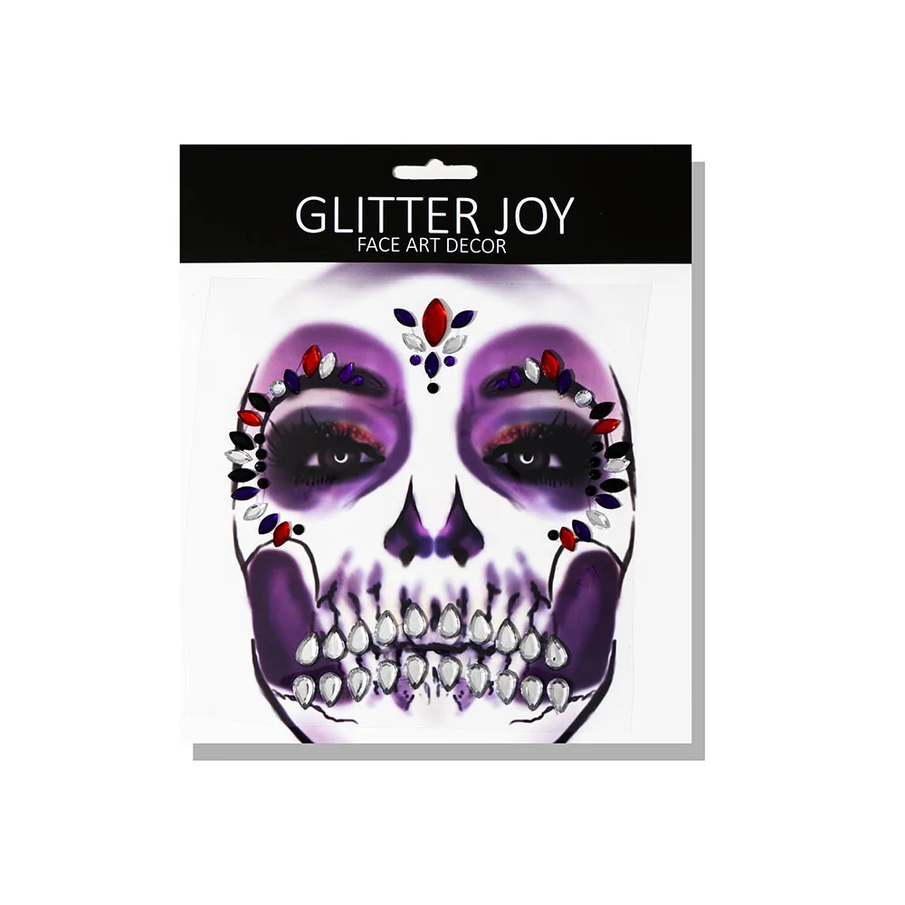 1Pc Face Jewel Makeup Sticker For Carnival Halloween Festival Skull Bone Dressing With Teeth Party Night Club Makeup Body Art 4